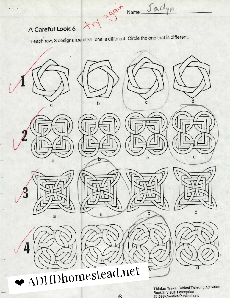 (For those who can’t view the image, it’s a four-part multiple choice worksheet that asks “which of these doesn’t look like the others?” I scored a 25 percent, I’m sure because they all looked the same and I just guessed.)